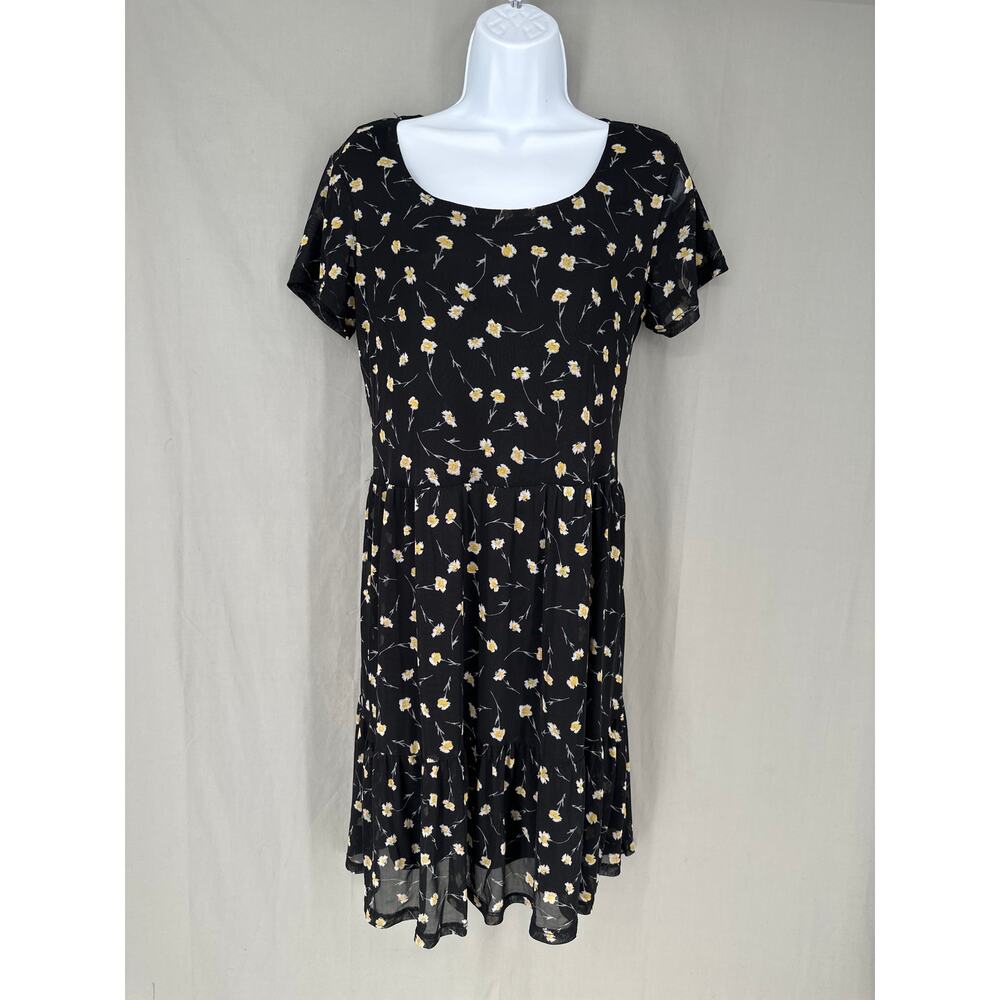 Jane Delancey Dress Womens Medium Black Yellow Floral Flowy Tiered Cottage Boho